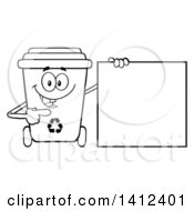 Poster, Art Print Of Cartoon Black And White Lineart Recycle Bin Character Holding A Blank Sign