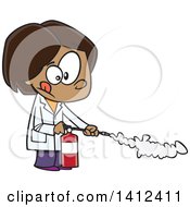 Cartoon Indian School Girl Using A Fire Extinguisher In Science Class
