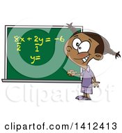 Cartoon Smart Black School Girl Solfing A Math Equation On A Chalk Board