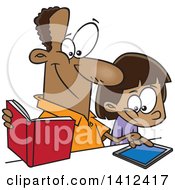 Poster, Art Print Of Cartoon Happy African American Father Teaching His Daughter How To Use A Tablet Computer