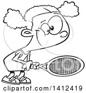 Poster, Art Print Of Cartoon Black And White Lineart African American Girl Playing Tennis