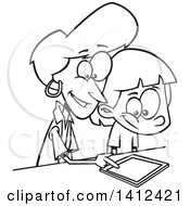 Clipart Of A Cartoon Black And White Lineart Happy African American Mother Teaching Her Daughter How To Use A Tablet Computer Royalty Free Vector Illustration