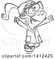 Clipart Of A Cartoon Black And White Lineart School Girl Cheering In Science Class Royalty Free Vector Illustration