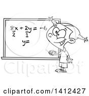 Poster, Art Print Of Cartoon Black And White Lineart School Girl Solfing A Math Equation On A Chalk Board