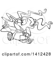 Clipart Of A Cartoon Black And White Lineart School Girl Running With A Dangerous Mix In Science Class Royalty Free Vector Illustration