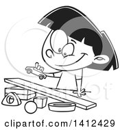 Poster, Art Print Of Cartoon Black And White Lineart Girl Playing With A Toy Car And Ramp