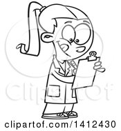 Clipart Of A Cartoon Black And White Lineart School Girl Taking Notes In Science Class Royalty Free Vector Illustration