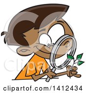 Clipart Of A Cartoon Happy African American Boy Observing A Plant Through A Magnifying Glass Royalty Free Vector Illustration