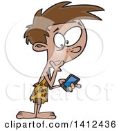 Clipart Of A Cartoon Caveman Boy Discovering A Smart Phone Royalty Free Vector Illustration by toonaday