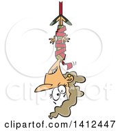 Cartoon Caucasian Business Woman Hanging From Red Tape