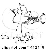 Poster, Art Print Of Cartoon Black And White Lineart Kitty Cat Walking And Playing A Trumpet