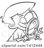Clipart Of A Cartoon Black And White Lineart Happy Boy Observing A Plant Through A Magnifying Glass Royalty Free Vector Illustration