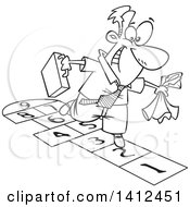 Poster, Art Print Of Cartoon Black And White Lineart Businessman Playing Hopscotch