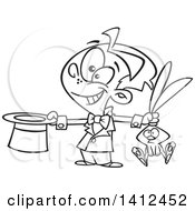 Cartoon Black And White Lineart Happy Magician Boy Performing A Rabbit And Hat Trick