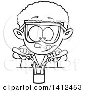 Poster, Art Print Of Cartoon Black And White Lineart African American School Boy Mixing Chemicals In Science Class