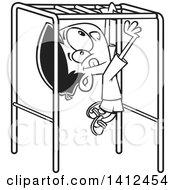 Cartoon Black And White Lineart Boy Playing On Playground Monkey Bars