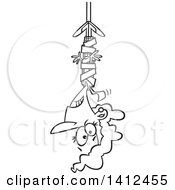 Clipart Of A Cartoon Black And White Lineart Business Woman Hanging From Red Tape Royalty Free Vector Illustration