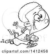 Cartoon Black And White Lineart African American Boy Playing Flag Football