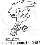 Clipart Of A Cartoon Black And White Lineart Caveman Boy Discovering A Smart Phone Royalty Free Vector Illustration by toonaday