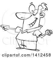 Clipart Of A Cartoon Black And White Lineart Enthusiastic Male Teacher Holding Chalk And Calling On A Student Royalty Free Vector Illustration