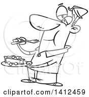 Clipart Of A Cartoon Black And White Lineart Man Eating Cheesecake Royalty Free Vector Illustration