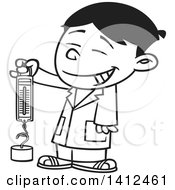 Clipart Of A Cartoon Black And White Lineart Happy Asian School Boy Holding A Spring Scale Royalty Free Vector Illustration by toonaday