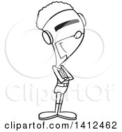 Clipart Of A Cartoon Black And White Lineart African American Super Man Standing With His Arms Folded Royalty Free Vector Illustration by toonaday