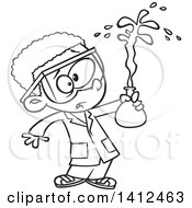 Poster, Art Print Of Cartoon Black And White Lineart African American School Boy Holding A Bad Chemistry Mix In Science Class