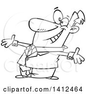 Clipart Of A Cartoon Black And White Lineart Businessman With Open Arms Welcoming Applause Royalty Free Vector Illustration