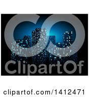 Clipart Of A City Skyline With Blue Lights On Black Royalty Free Vector Illustration
