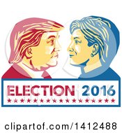 Poster, Art Print Of Retro Face Off Between Hillary Clinton And Donald Trump Over Text