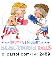 Clipart Of A Sketched Caricature Of Donald Trump Vs Hillary Clinton In A Boxing Match Royalty Free Vector Illustration