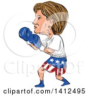 Clipart Of A Sketched Caricature Of Hillary Clinton Boxing Royalty Free Vector Illustration