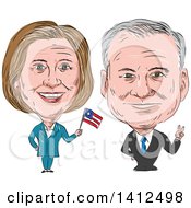 Sketched Caricature Of Hillary Clinton Waving A Flag Next To Tim Kaine