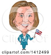 Poster, Art Print Of Sketched Caricature Of Hillary Clinton Holding A Flag