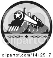 Poster, Art Print Of Retro Steam Engine Train With A Star On The Front Inside A Black And Gray Circle