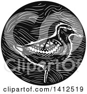 Clipart Of A Retro Black And White Pacific Golden Plover Bird In A Circle Royalty Free Vector Illustration