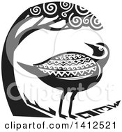 Clipart Of A Retro Grayscale Tribal Style Pacific Golden Plover Bird Under A Tree Royalty Free Vector Illustration