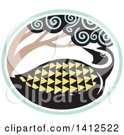 Retro Tribal Style Pacific Golden Plover Bird Under A Tree In A Sea Green And White Oval