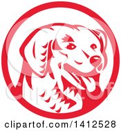 Poster, Art Print Of Retro Woodcut Kuvasz Dog Head Panting In A Red And White Circle