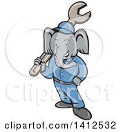 Clipart Of A Retro Cartoon Elephant Man Mechanic Holding A Giant Spanner Wrench Royalty Free Vector Illustration
