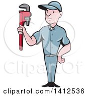Poster, Art Print Of Retro Cartoon White Male Plumber Or Handy Man Holding A Monkey Wrench