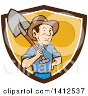 Poster, Art Print Of Retro Cartoon Male Farmer Standing With One Hand On His Hip And A Shovel Over His Shoulder Emerging From A Brown White And Orange Shield