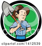 Poster, Art Print Of Retro Cartoon Male Farmer Standing With One Hand On His Hip And A Shovel Over His Shoulder Emerging From A Black White And Green Circle