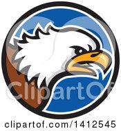 Poster, Art Print Of Cartoon Angry Bald Eagle Head In A Blue Black And White Circle