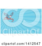 Clipart Of A Retro Blue Bald Eagle Flying With A Towing J Hook And Blue Rays Background Or Business Card Design Royalty Free Illustration