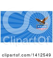 Poster, Art Print Of Bald Eagle Flying With An American Flag And Towing J Hook And Blue Rays Background Or Business Card Design