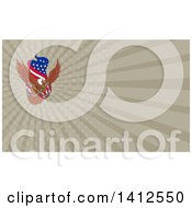 Poster, Art Print Of Sketched Bald Eagle Flying With An American Flag And Towing J Hook And Rays Background Or Business Card Design