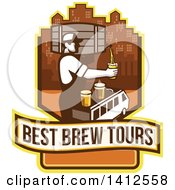 Retro Male Bartender Putting A Beer On Top Of A Brew Tour Van In A Cityscape Crest