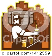 Poster, Art Print Of Retro Male Bartender Pouring Different Types Of Beer From A Keg Against A City Skyline